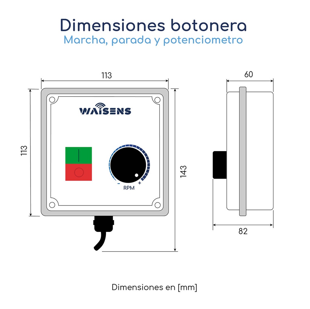 Dimensiones Botonera de marcha, parada y potenciómetro
