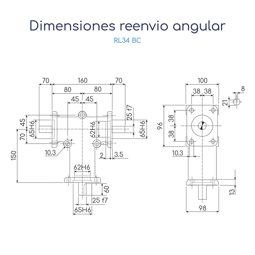Dimensiones Caja de reenvío transmisión angular serie RL 31 salida simple "L" 1:1