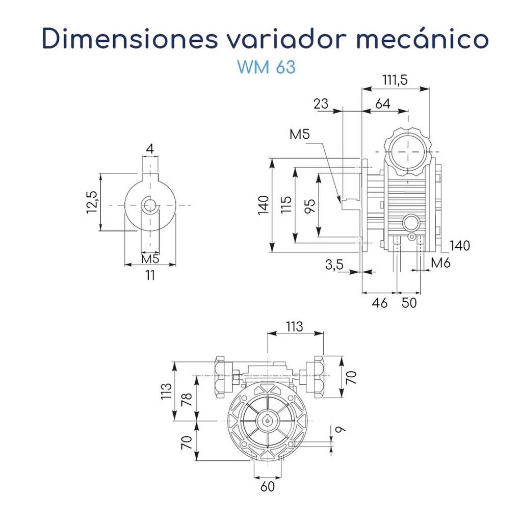 Dimensiones Variador mecánico de velocidad Iec carcasa 63 0,25 hp