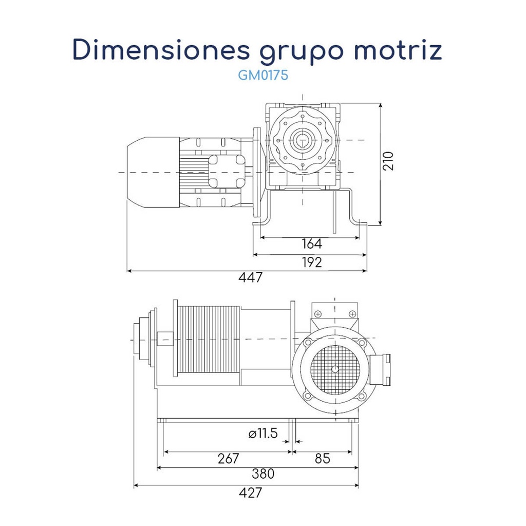 Dimensiones Grupo motriz trifásico con motor eléctrico y freno integrado 0,5 hp Montacargas 87 a 350 Kg