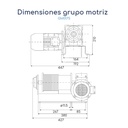 Dimensiones Grupo motriz trifásico con motor eléctrico y freno integrado 0,5 hp Montacargas 87 a 350 Kg