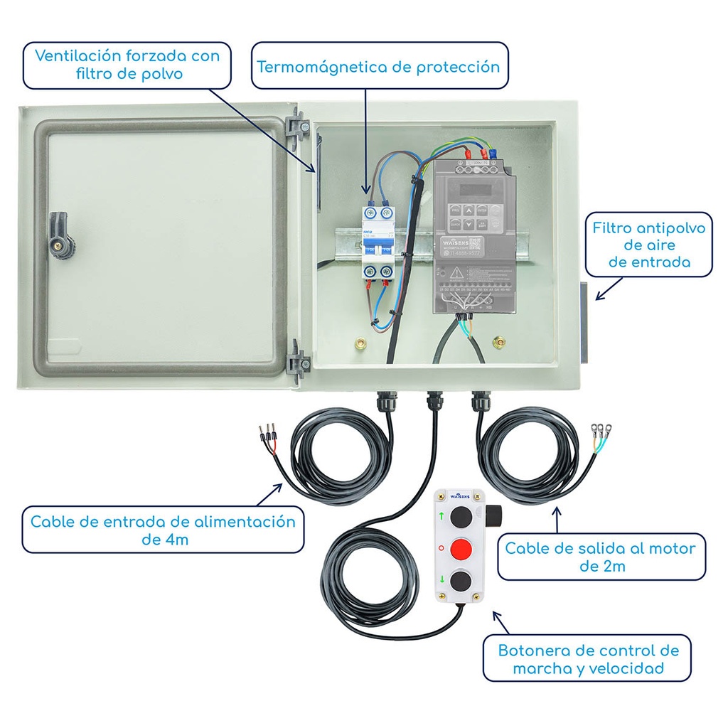 Componentes Tablero armado para variador de frecuencia de hasta 3 hp 220 v con botonera, marcha, contramarcha, parada