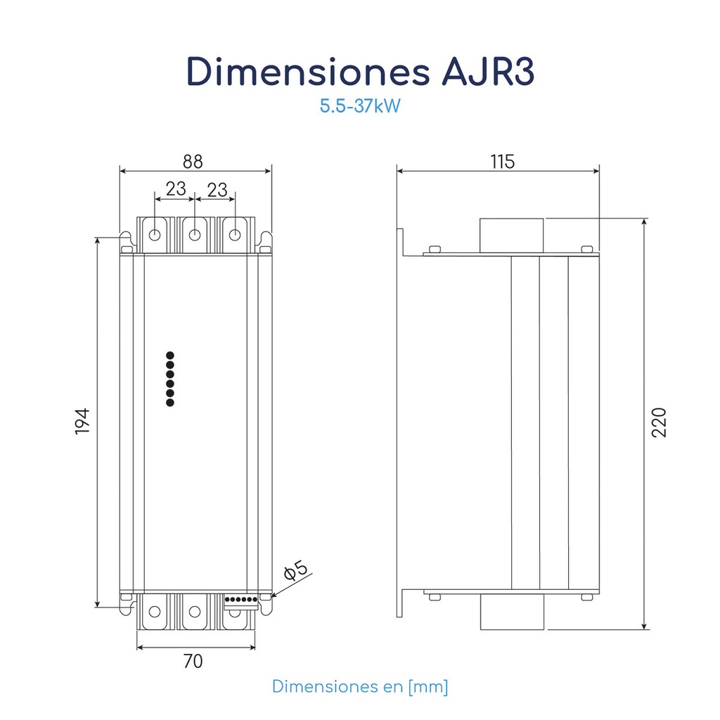 Dimensiones Arrancador Suave Andeli ASA 7 5,5 hp 380 V