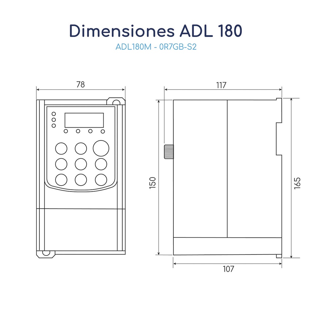Dimensiones Variador de Frecuencia Andeli ADL180M 1 hp 220 V
