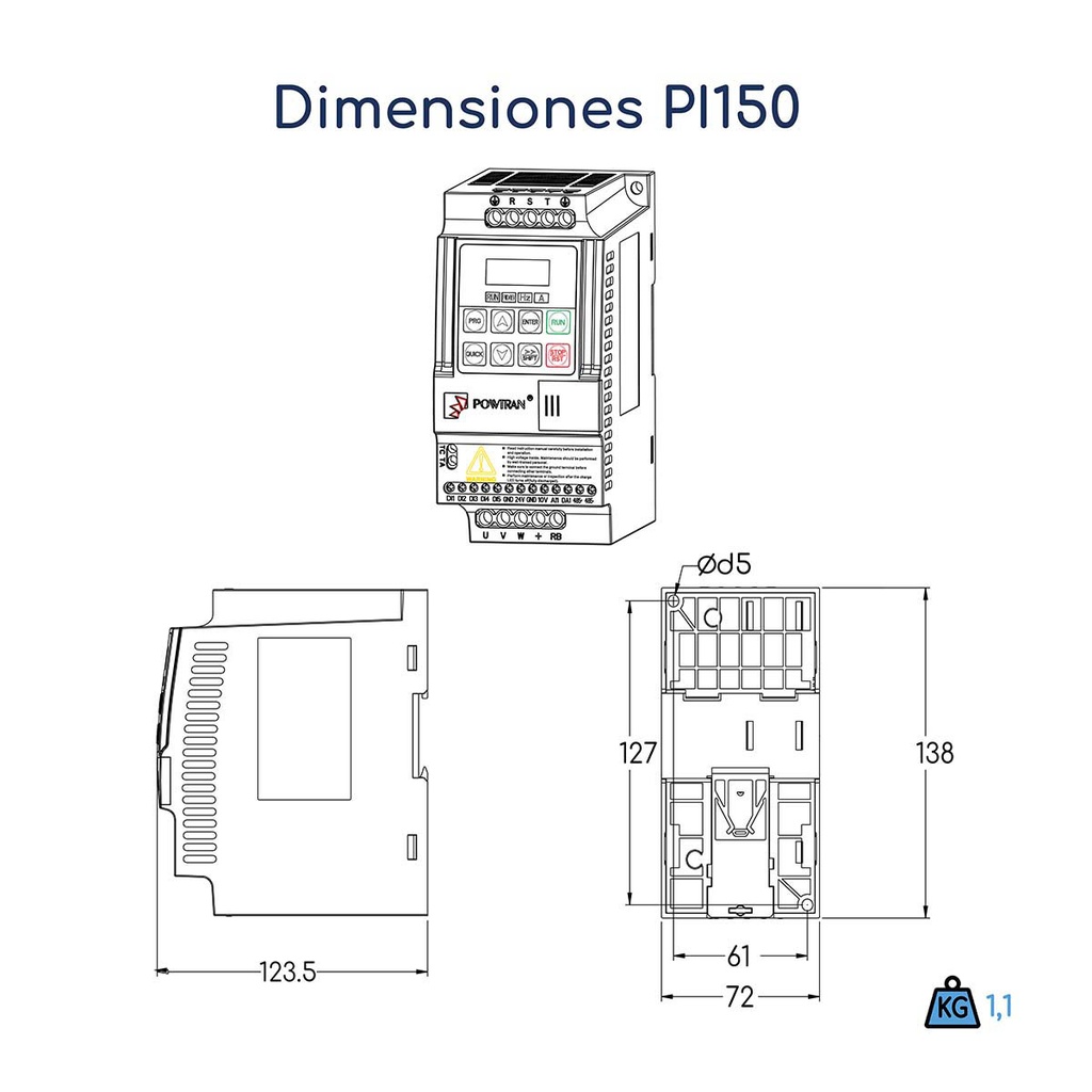 Dimensiones Variador de Frecuencia Powtran PI150 0,5 hp 220 V