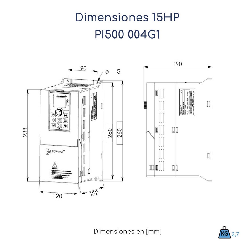 Dimensiones Variador de Frecuencia Powtran PI500 5,5 hp 220 V