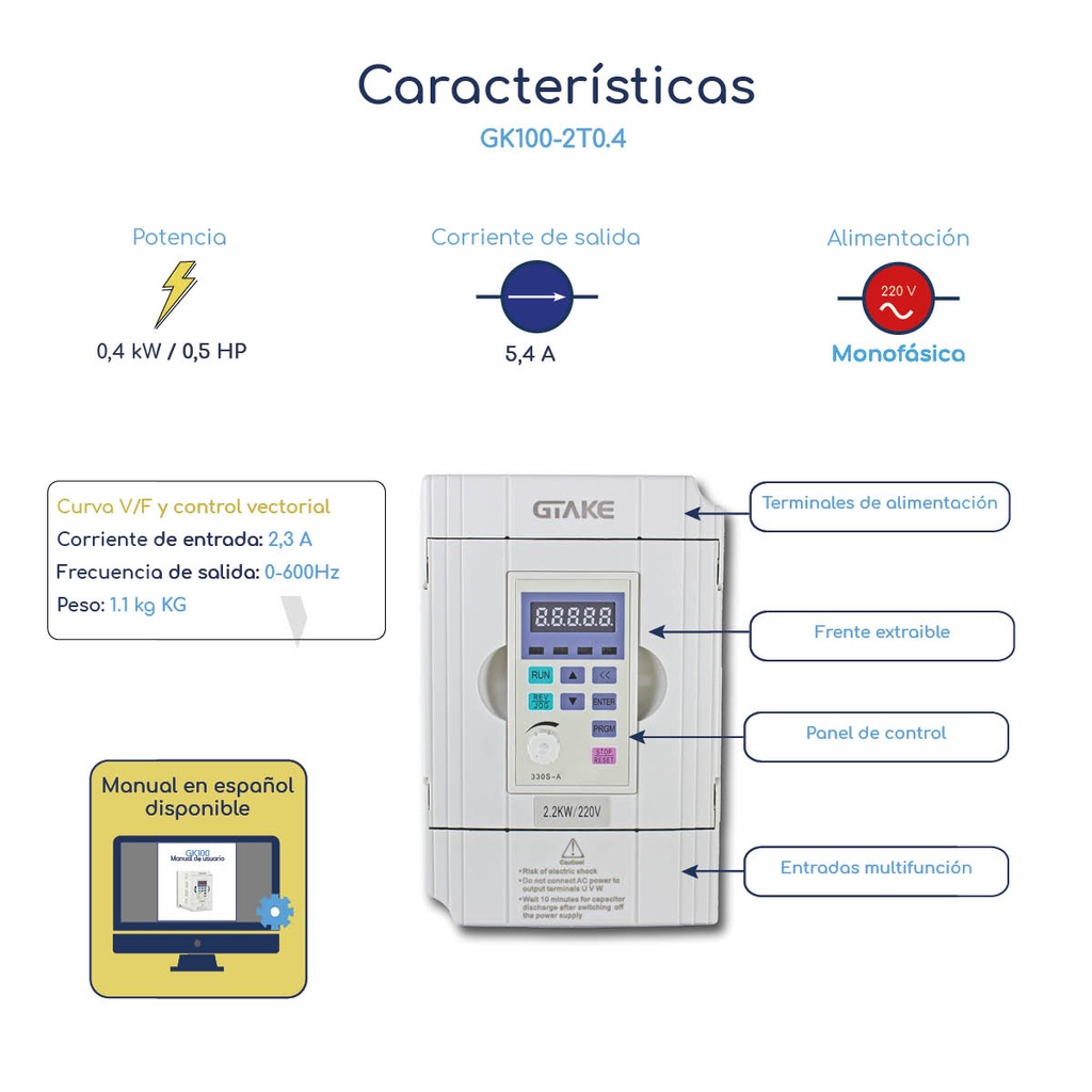 Caracteristicas Variador de Frecuencia Gtake GK100 0,5 hp 220 V