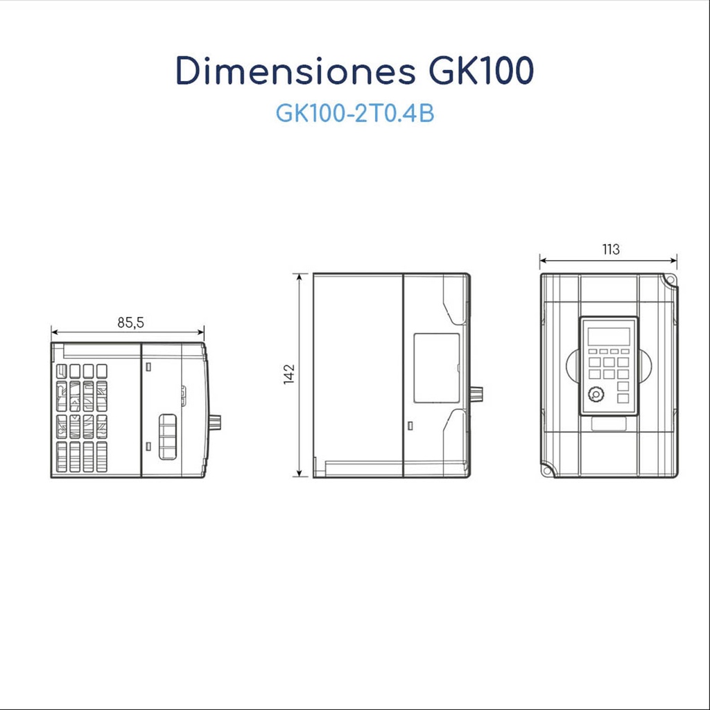 Dimensiones Variador de Frecuencia Gtake GK100 0,5 hp 220 V