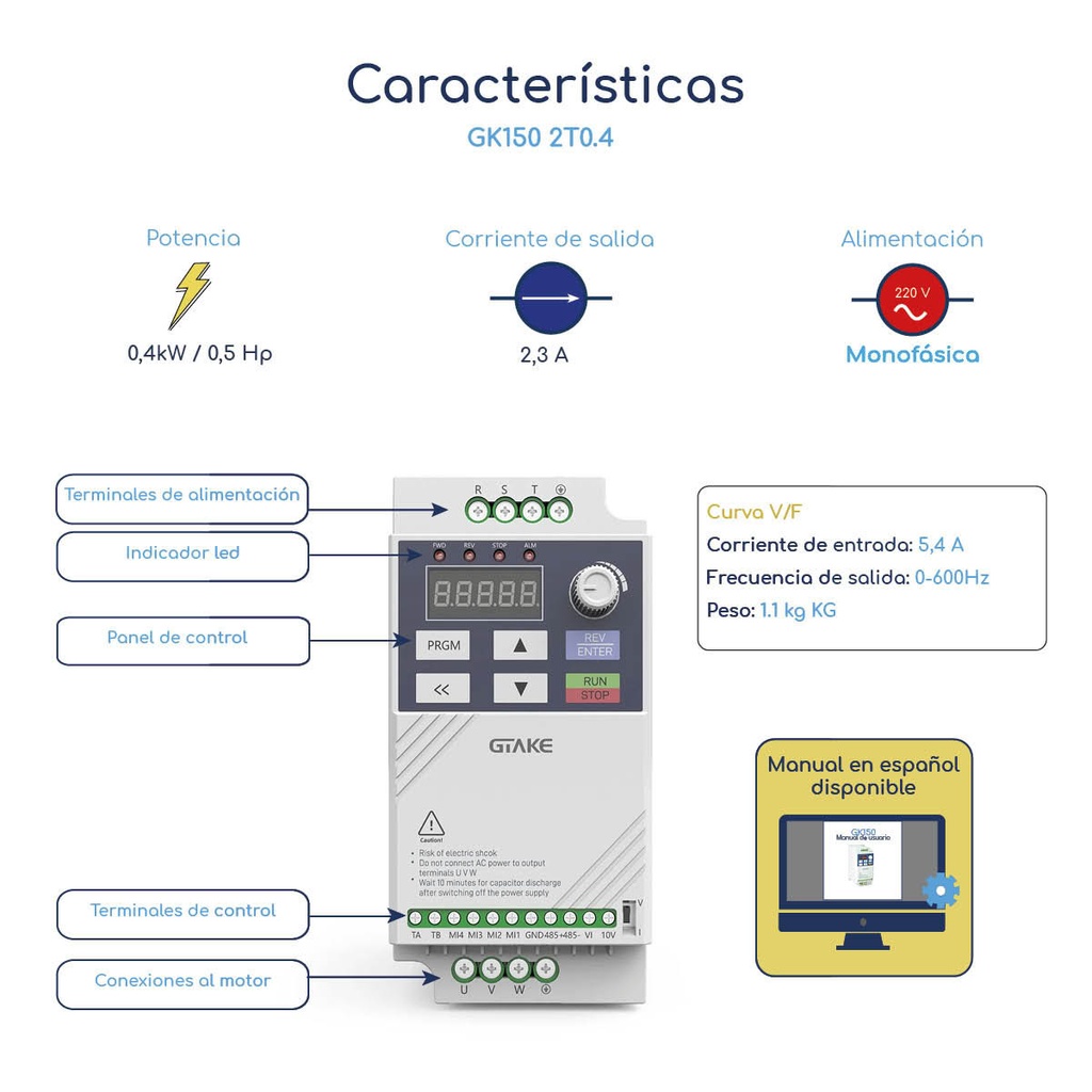 Caracteristicas Variador de Frecuencia Gtake GK150 0,5 hp 220 V