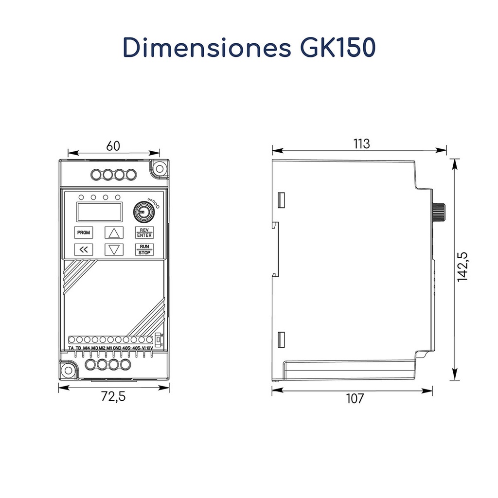 Dimensiones Variador de Frecuencia Gtake GK150 0,5 hp 220 V