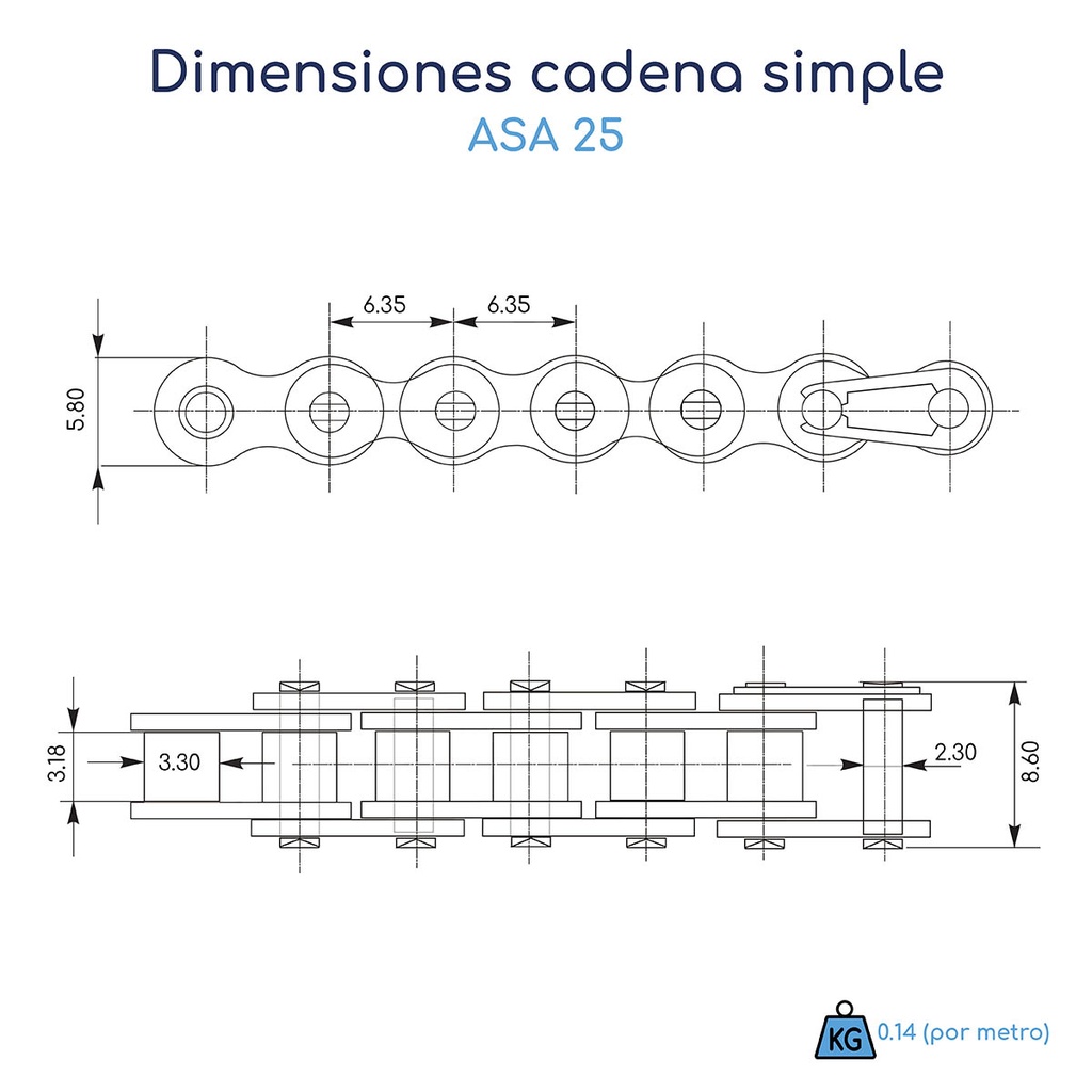 Dimensiones Cadena a rodillo simple Int ASA 25