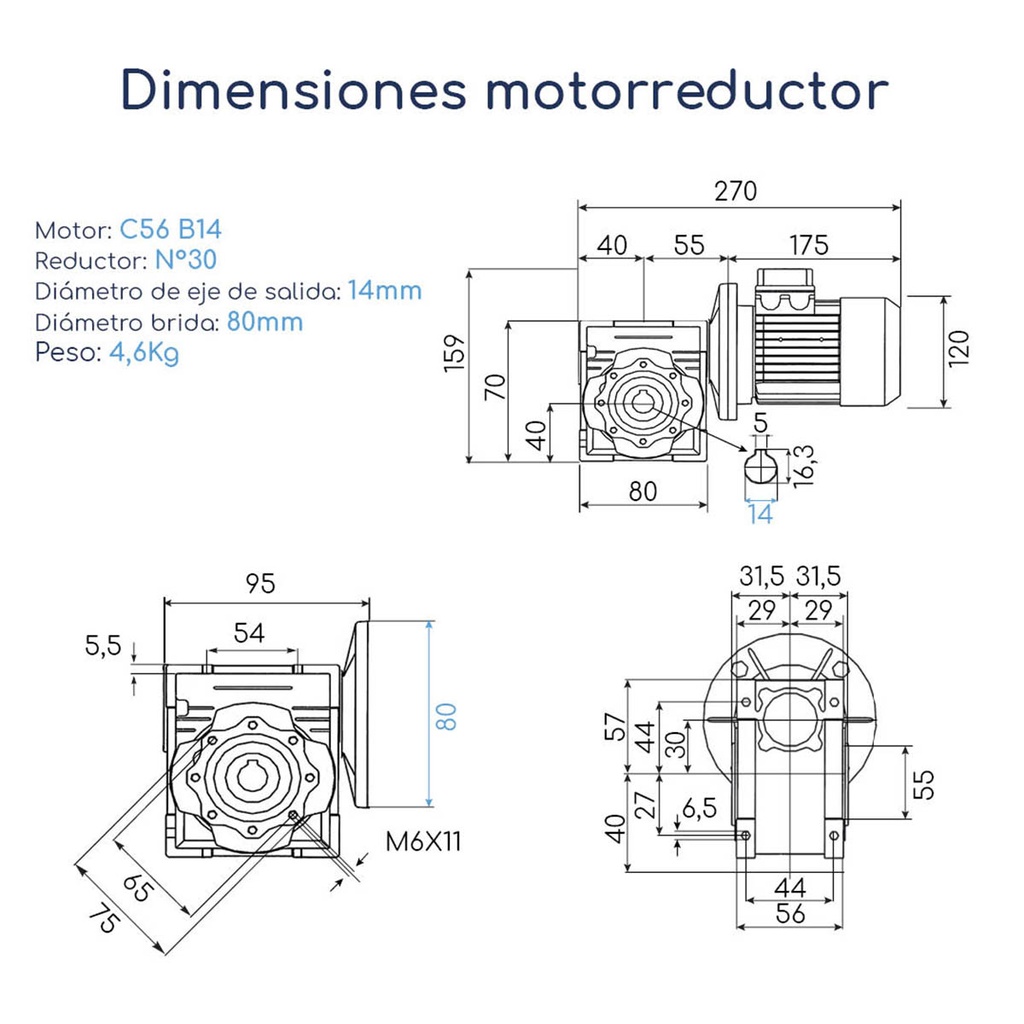Dimensiones Combo de motorreductor con variador de frecuencia PI150 0,12 HP 220 V