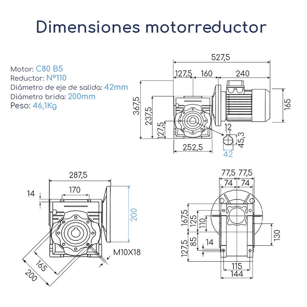 Dimensiones Motorreductor trifasico Waisens 0.5 HP 9 RPM Eje 42 mm