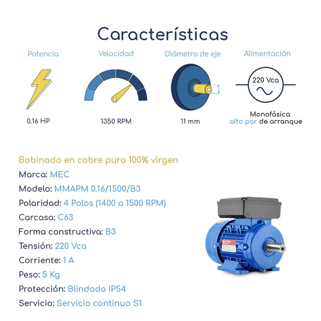 Caracteristicas Motor Monofásico 220v Alto Par 0,16 hp 1500 rpm Blindado