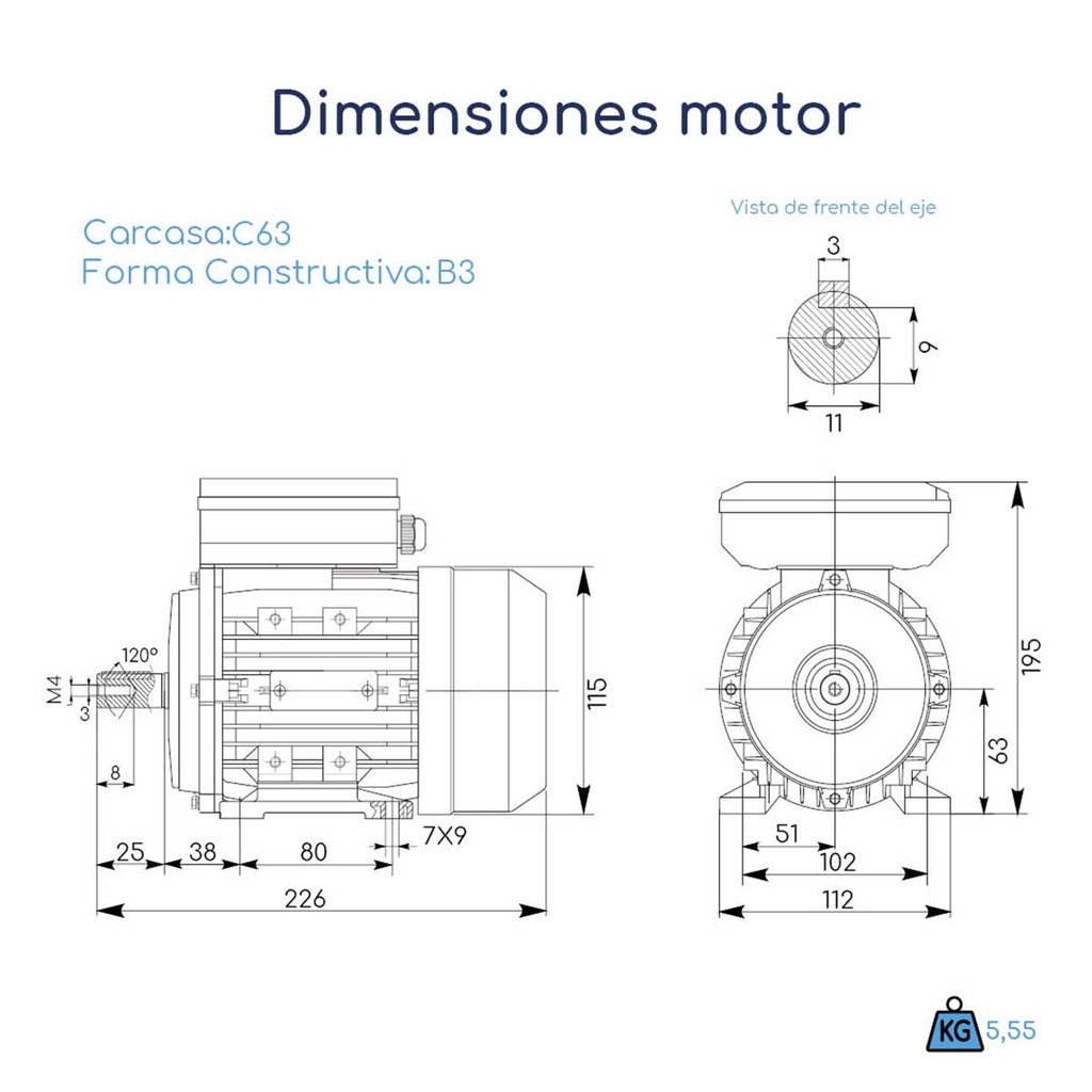 Dimensiones Motor Monofásico 220v Bajo Par 0,25 hp 1500 rpm Blindado