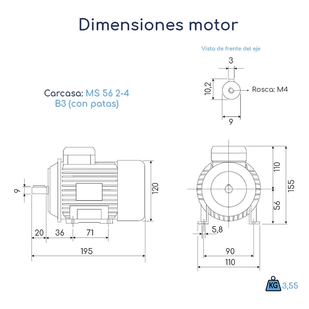 Dimensiones Motor trifásico Mec 0,12 hp 1500 rpm con base B3