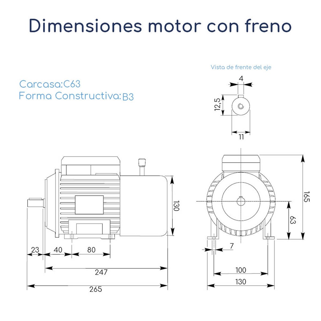 Dimensiones Motor Trifásico Con Freno Vela 0,25 hp 1500 rpm con patas B3