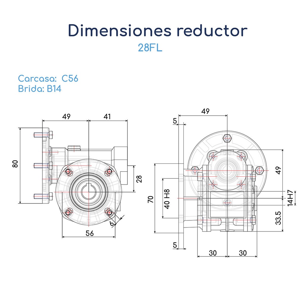 Dimensiones Reductor de Velocidad Italiano STM RMI 28 Relación 1:7 C56 B14 Eje 14 mm