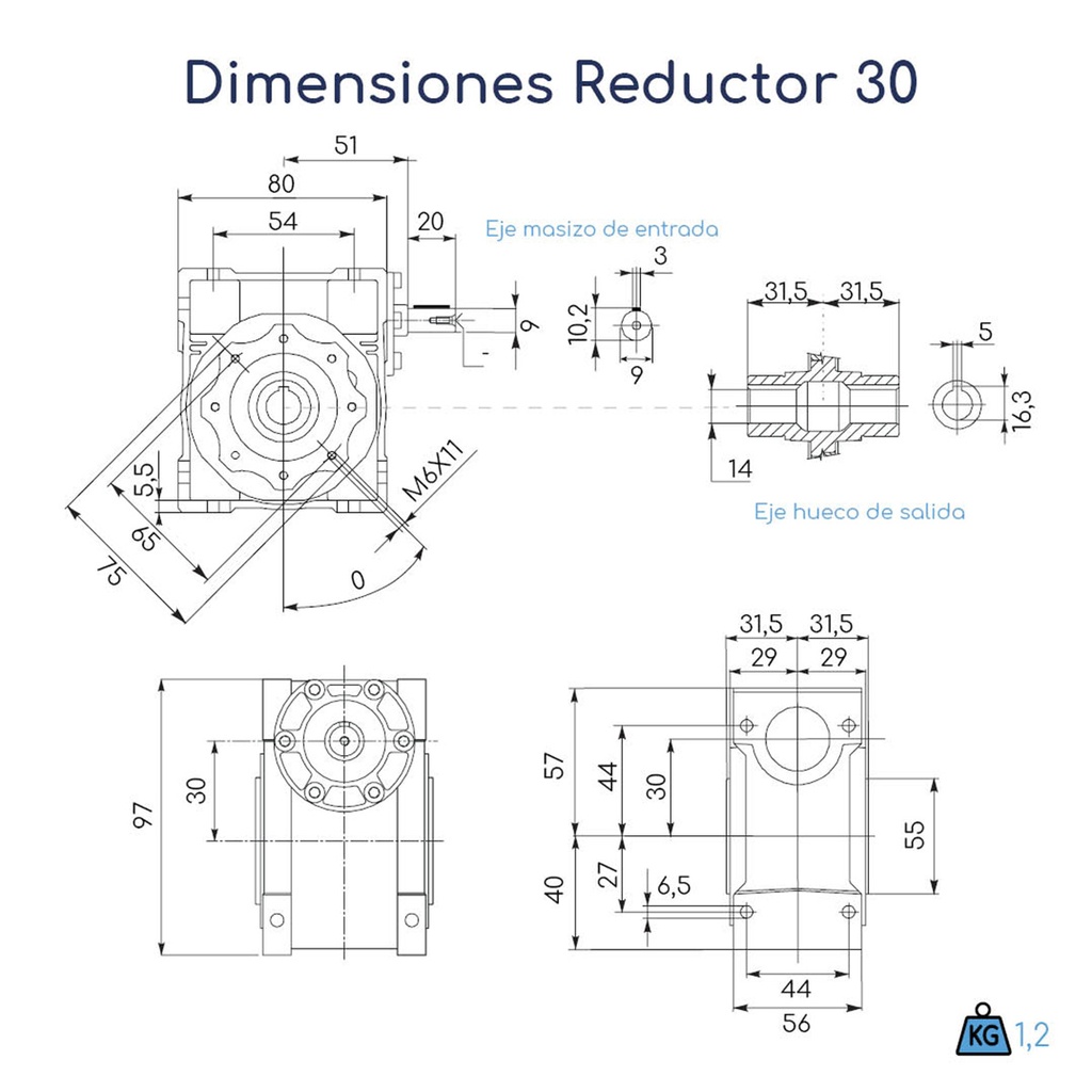 Dimensiones Reductor de Velocidad WI 30 Relación 1:10 Eje 11 mm