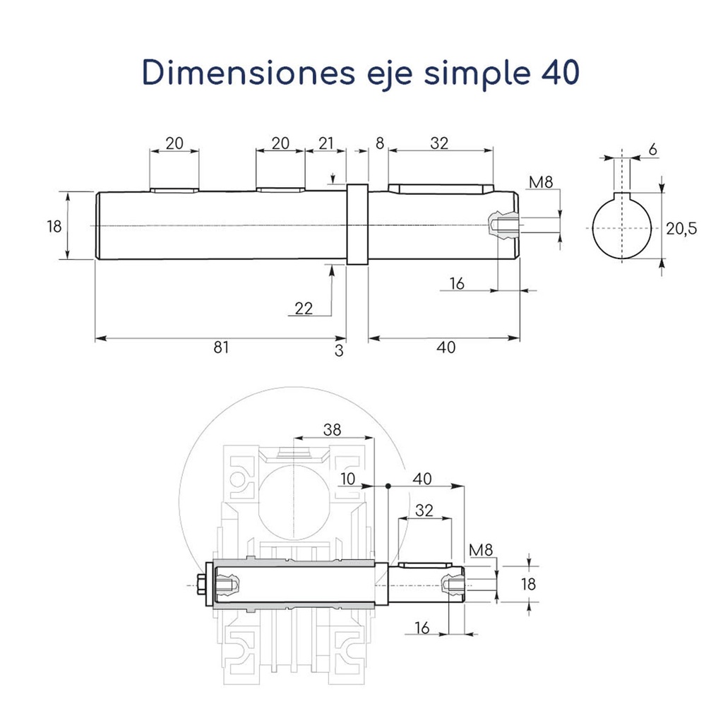 Dimensiones Eje simple para reductor de velocidad 40