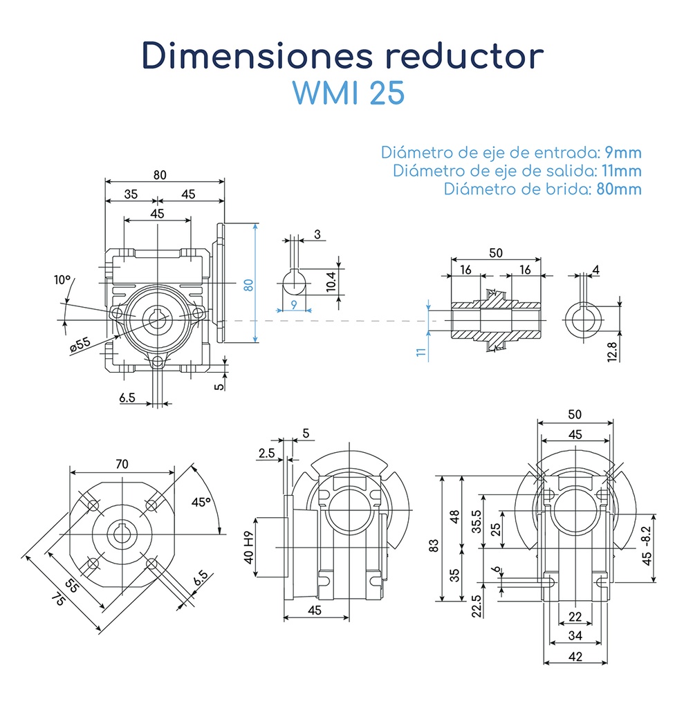 Dimensiones Reductor de Velocidad WMI 25 Relación 1:7,5 C56 B14 Eje 11 mm