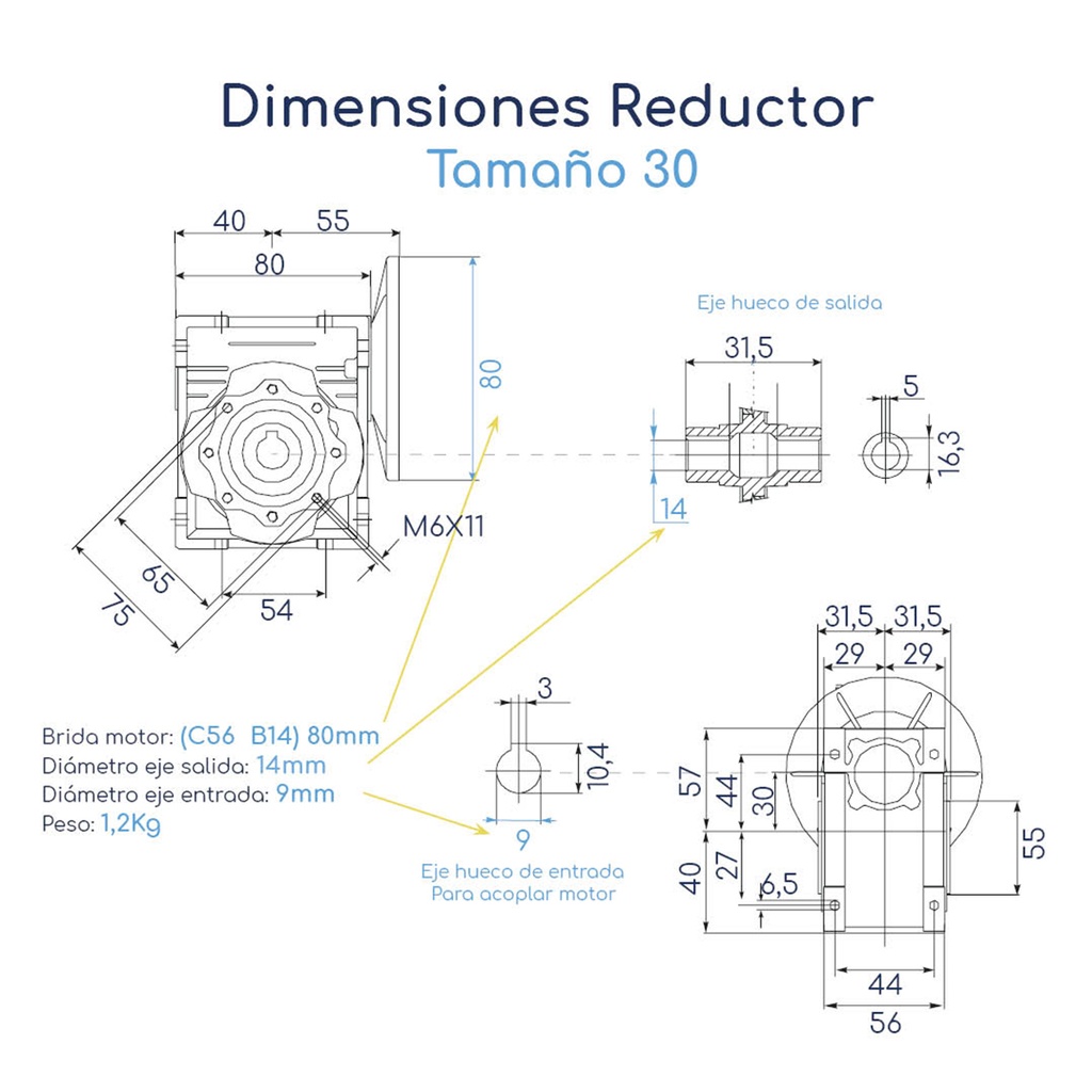 Dimensiones Reductor de Velocidad NFCN 30 Relación 1:7,5 C56 B14 Eje 14 mm